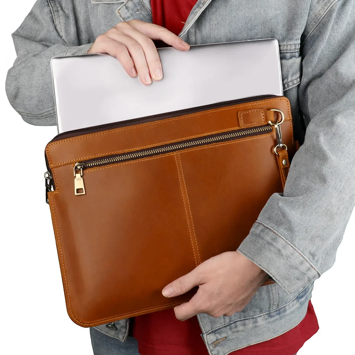 Vintage Full Grain Cowhide Zipper Portfolio Clutch Bag, Handheld Leather Document Holder for Laptop Tablet Office Paper