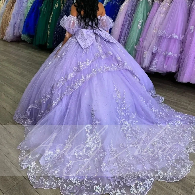 Customized Lilac 15 Year Girl Quinceanera Dress Ball Gown Cap Sleeve Lace Applique Bow Long Women Prom Birthday Party Dress 2025