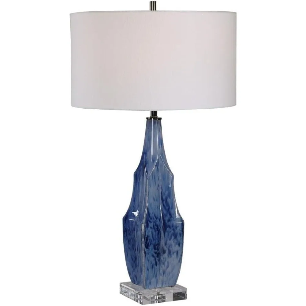 1 Light Table Lamp - 18 Inches Wide By 18 Inches Deep, Indigo Blue Glaze/Polished Nickel/Crystal, Desk Lamps