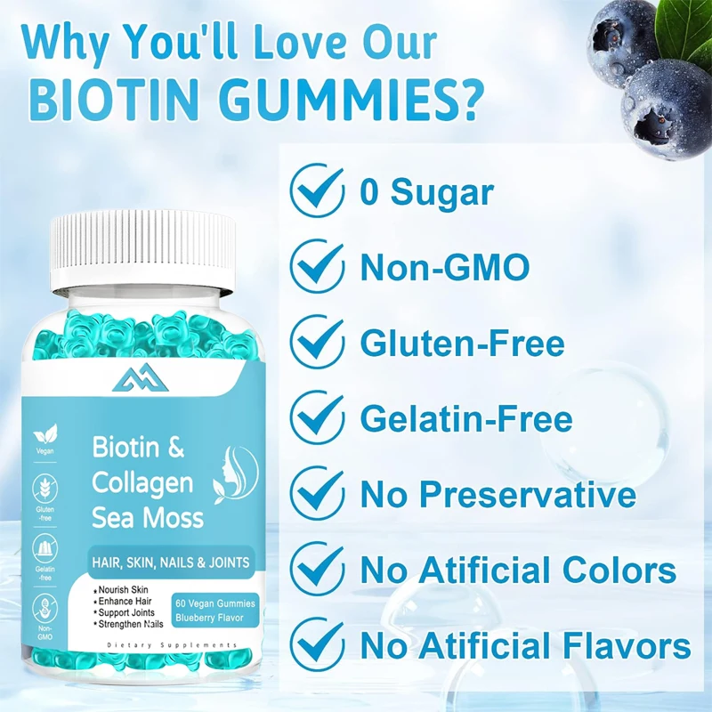 

Biotin gummies, collagen, seaweed chlorophyll keratin, hair, skin, nails, and joints 60 capsules vegetarian blueberry flavor