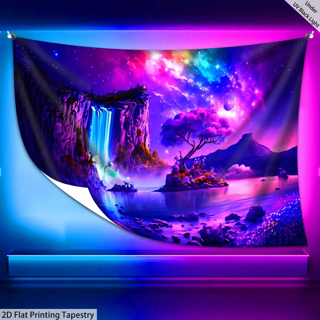 1PC Digital Printed Tapestry Wall Hanging, Galaxy Waterfall Purple Landscape, Dreamy Cosmic Nature Wall Art Decor