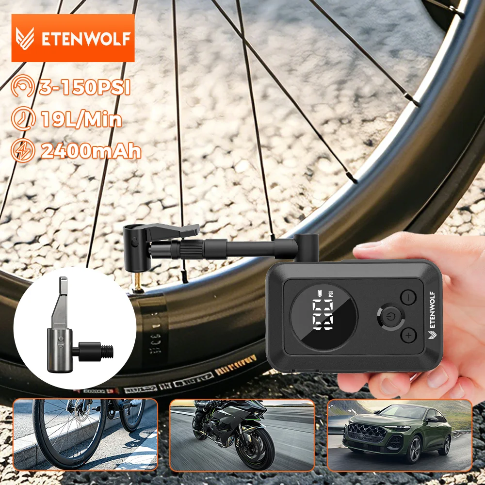 New ETENWOLF S0 Electric Bike Tire Pump 2400mAh Portable Air Pump with Screen For Basketball Football 150 PSI Max Pressure