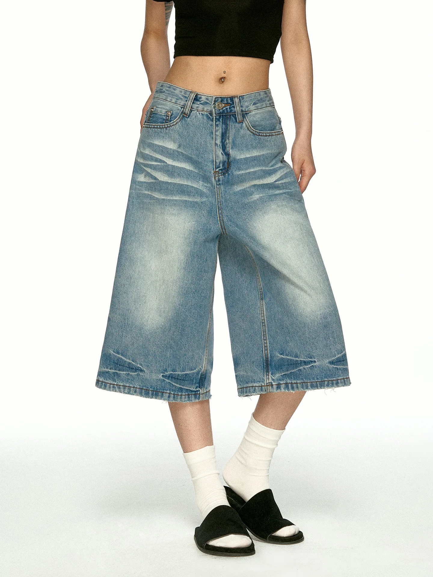 Aaisup American Style Washed  Pattern Wide Leg Jeans Women Summer Loose Slim Fit High Waist Straight Cut Denim Pants