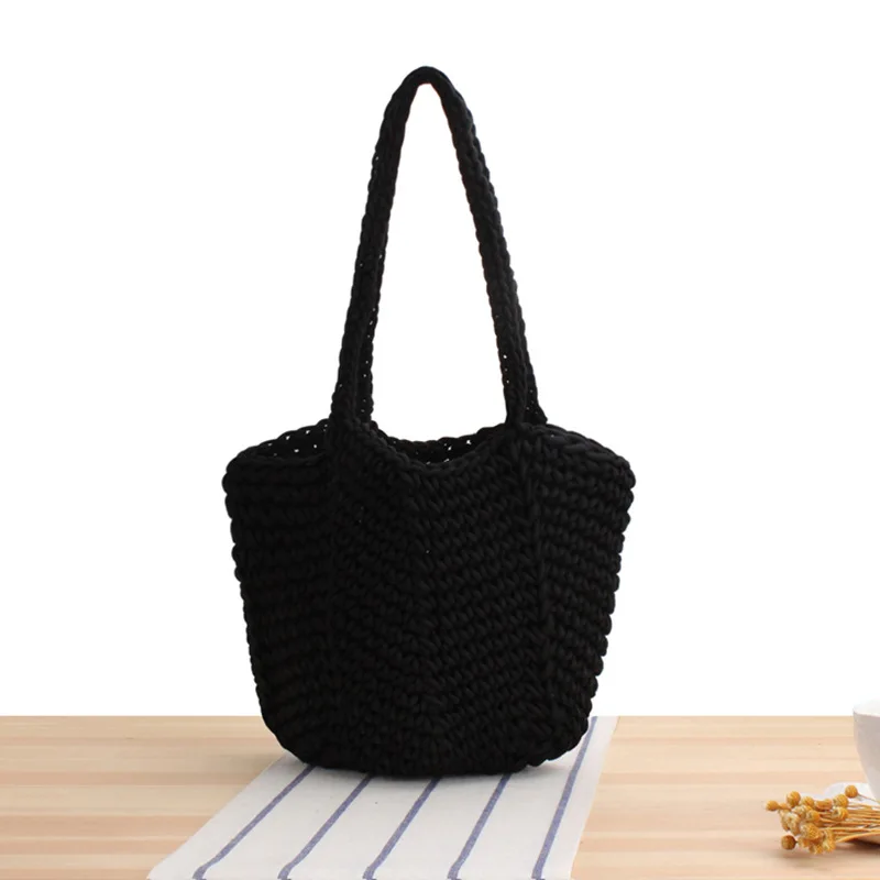 Handwoven Korean casual solid color cotton water bucket bag with a unique lazy style, one shoulder underarm bag