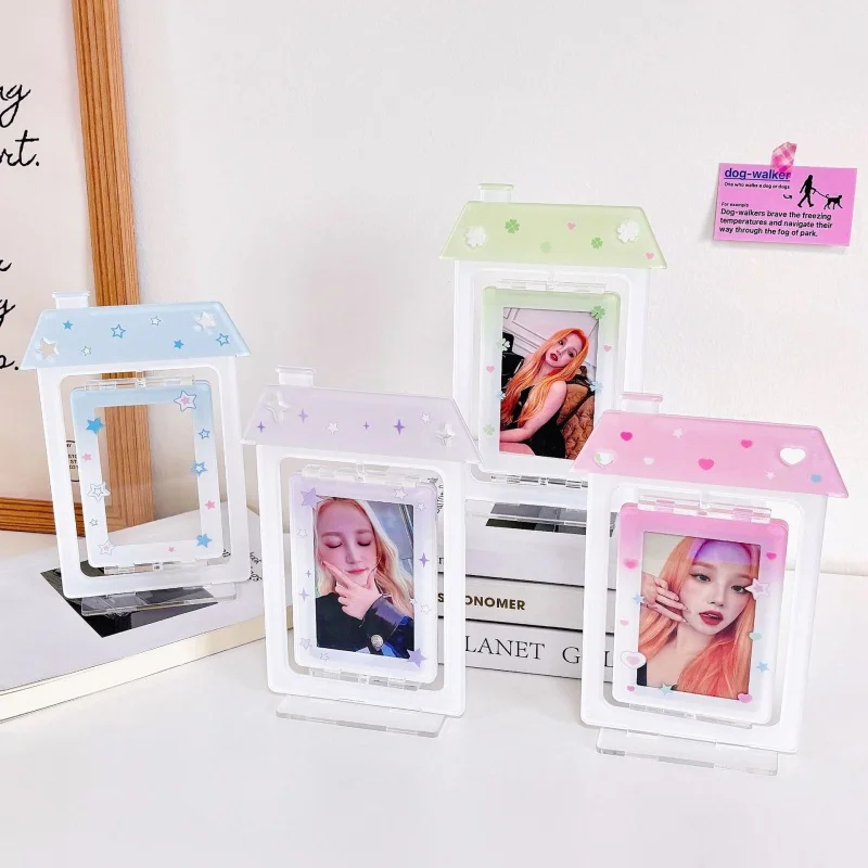 Kawaii Ins Desktop Standing 3inch Rotating Photo Card Holder Cute Star House Idol Photocard Stand Holder Stationery