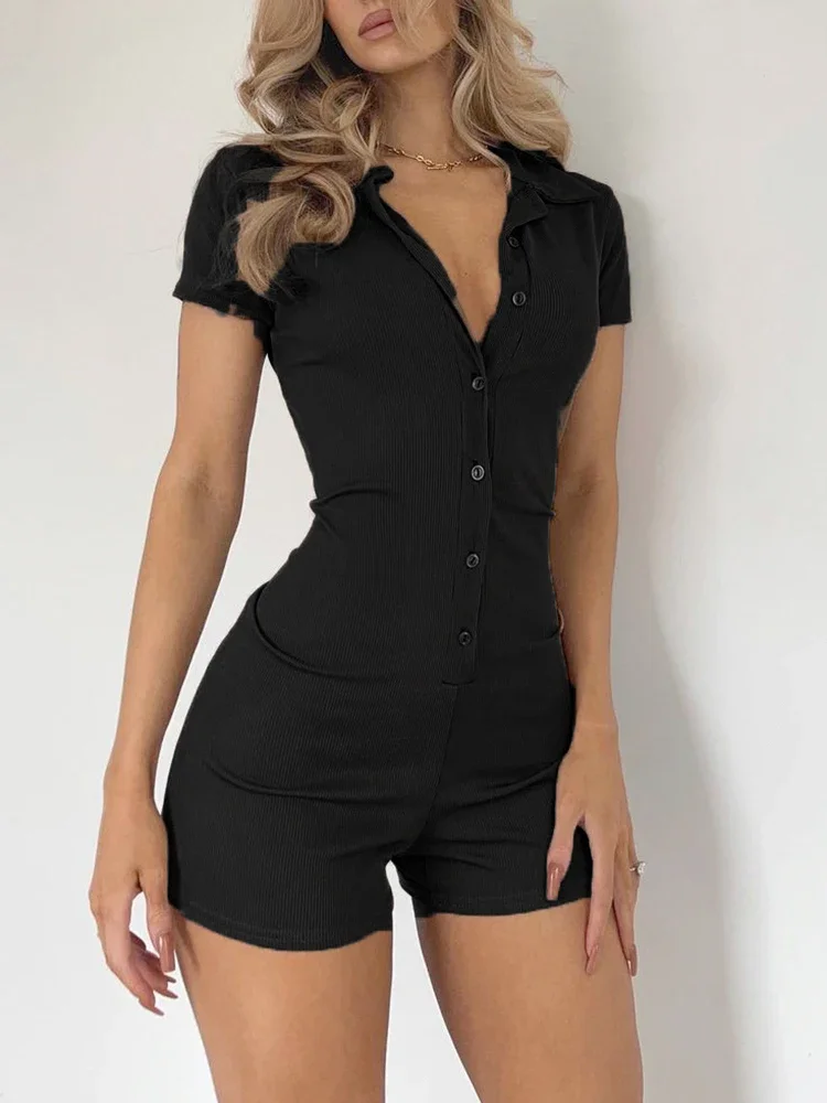 الصلبة زر حتى رفض طوق قصيرة الأكمام ضئيلة مضلع السروال القصير المرأة Playsuit الأساسية خمر قمصان الصيف عارضة