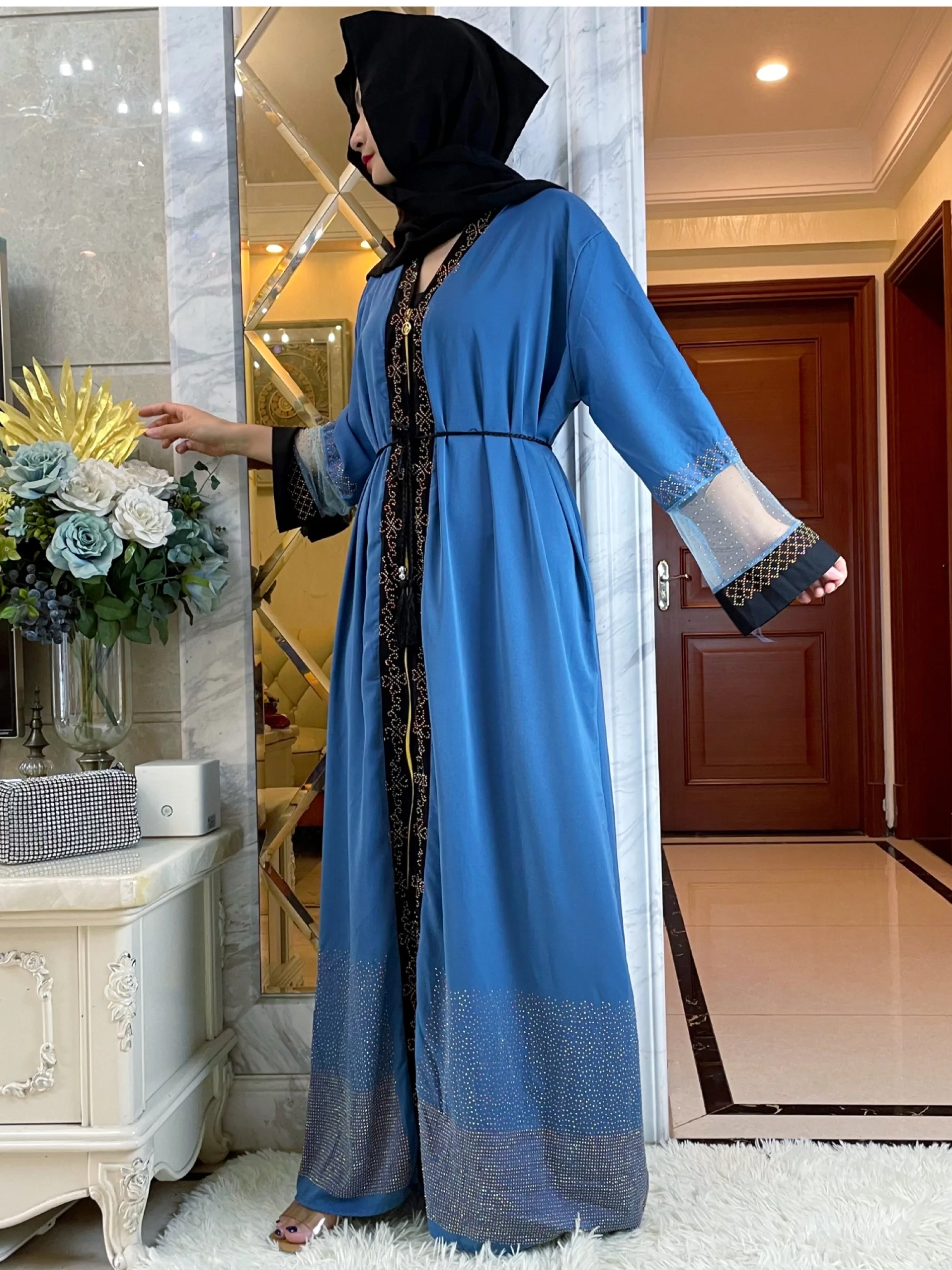 2023Abaya Muslim Maxi Long Sleeve Dress Chiffon Fabric Women Diamond Arab Dubai Islamic Clothing Autumn New Loose Casual Turkey