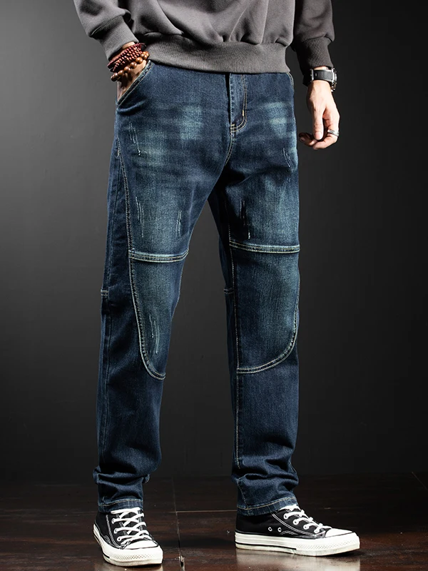 

Retro Waed Splicing Loose Straight Leg Jeans Men's Casual Large Size Cross-Border Spring Autumn Vintage Jeans
