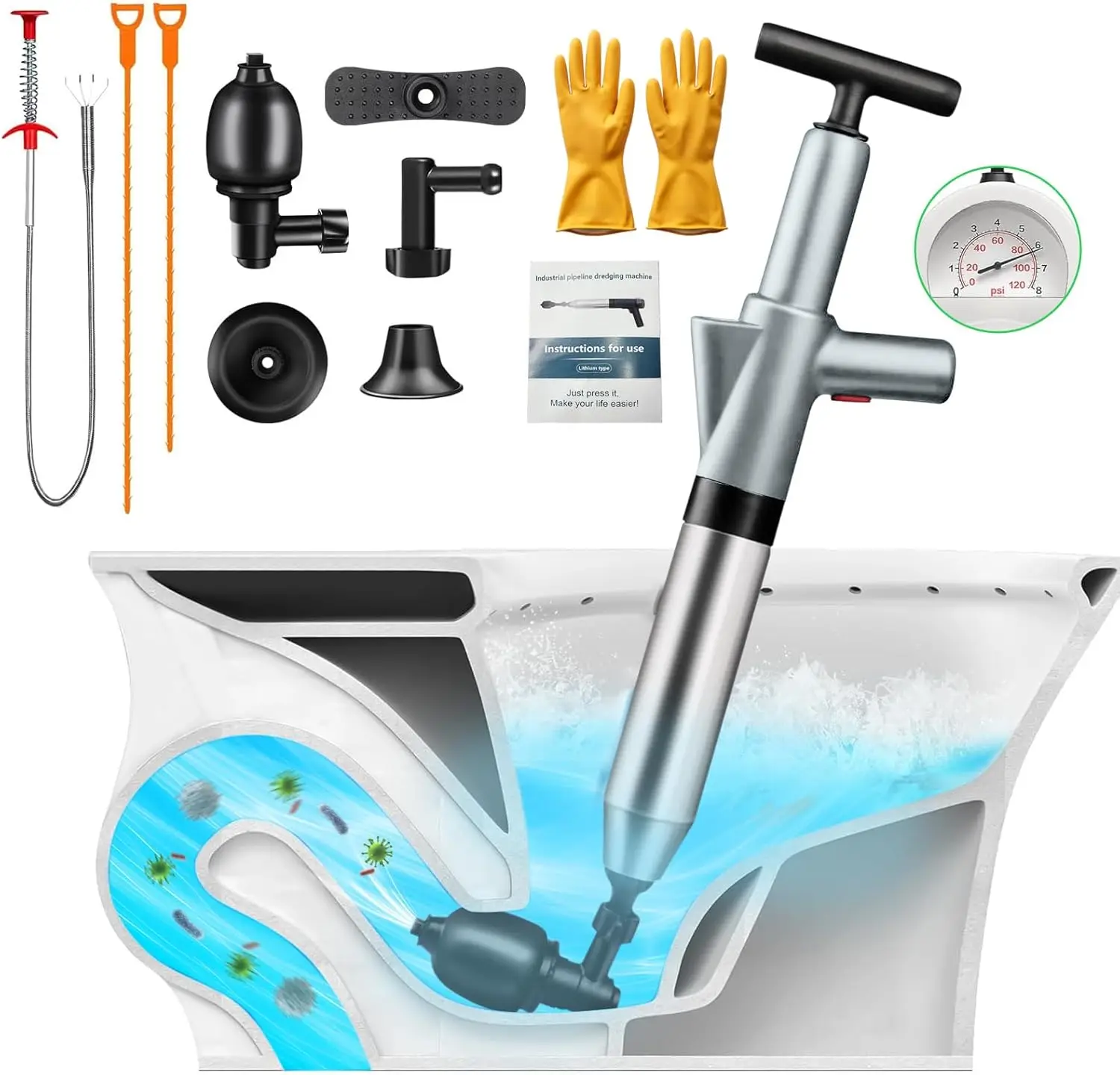 

Вантуз высокого давления для унитаза, пневматический очиститель канализации с барометром в реальном времени, мощное средство для удаления засоров в ванной комнате