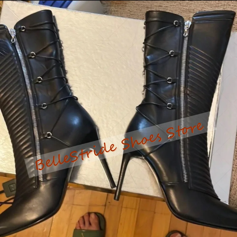 

Black Side Zipper Pointed Toe Boots Matte Leather Women Shoes Stilettos High Heels Party Banquet Dating 2025 Zapatos Para Mujere