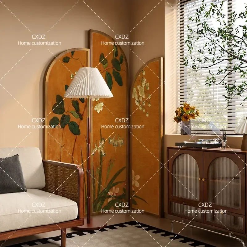 French Medieval Style Solid Wood Folding Screen Partition for Living Room Entrance Bedside Decoration Mobile Room Divider