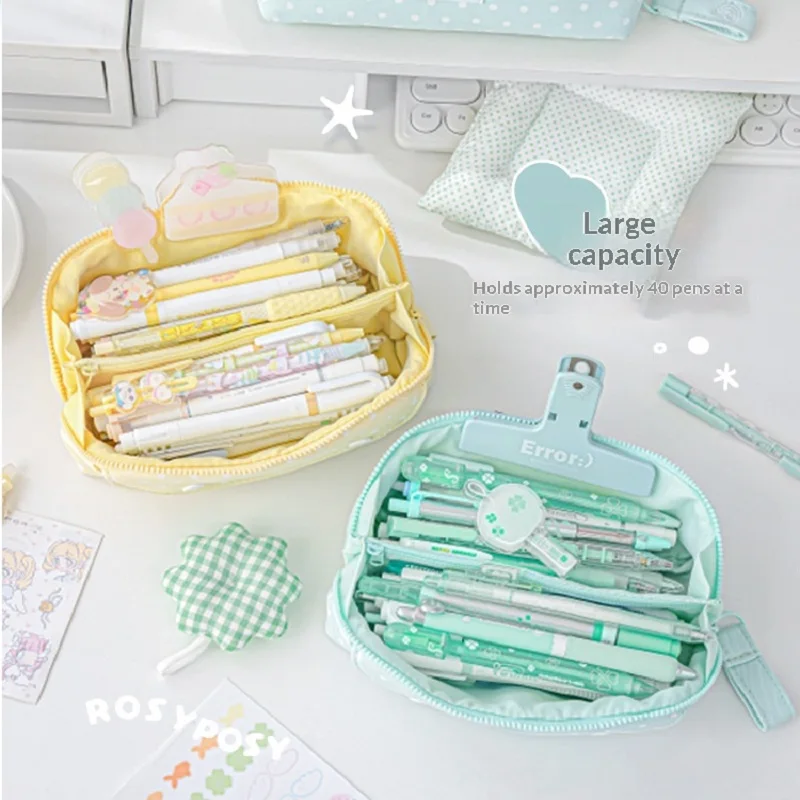 Rosyposy Trousse à crayons à pois avec compartiments intégrés et poche externe, grande capacité, organiseur de papeterie mignon