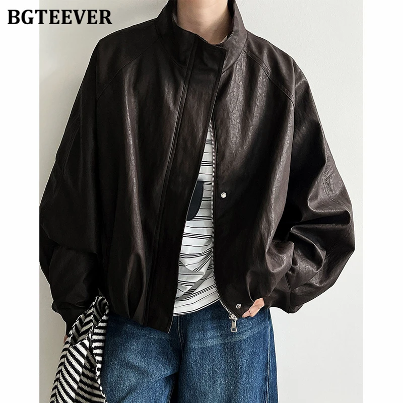 BGTEEVER Vintage Stand Collar Pockets Women PU Leather Coats Stylish Long Sleeve Loose Ladies Jackets