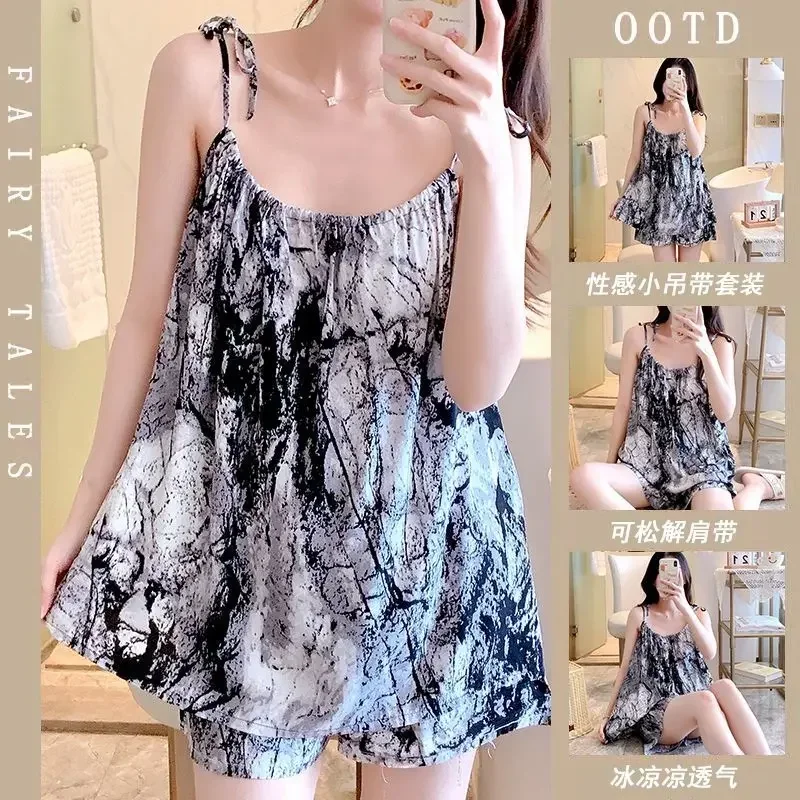 Pyjamas Summer Cotton Silk Suspenders Japan New Thin Home Loose Casual Comfortable Premium Simple High Quality  Cute Sweet Sexy