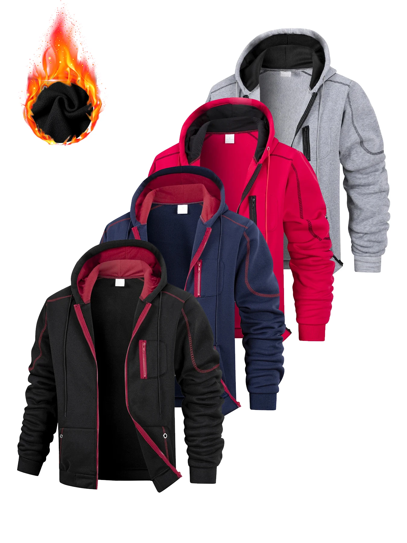 

Autumn Men Sweatshirts Zipper Long Sleeve Jacket Winter Fleece Cool Casual Hoodie Black White Red Hooded Color Block Hoodies