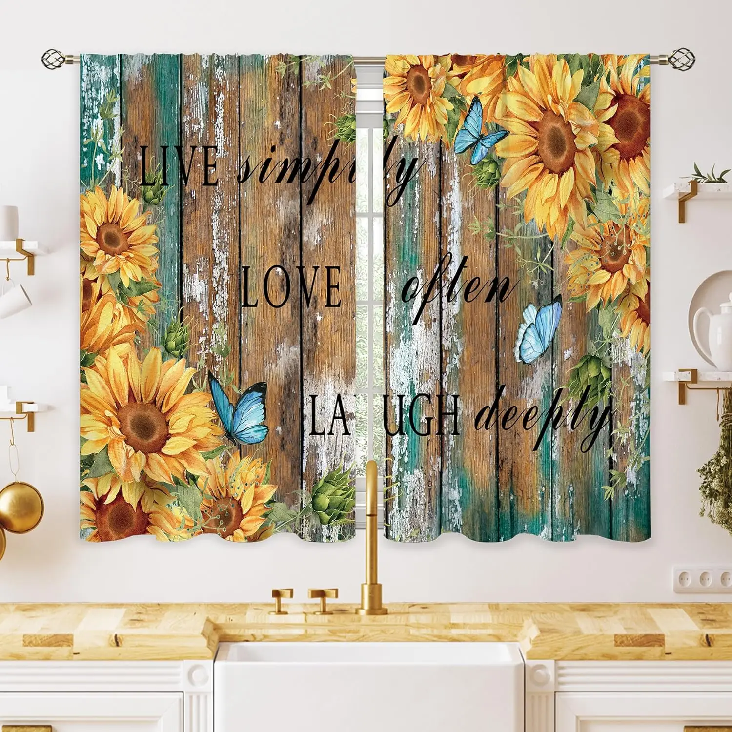 Rustic Sunflower Wood Curtains Live Simply Quote Butterfly Print for Farmhouse Kitchen Window Decor