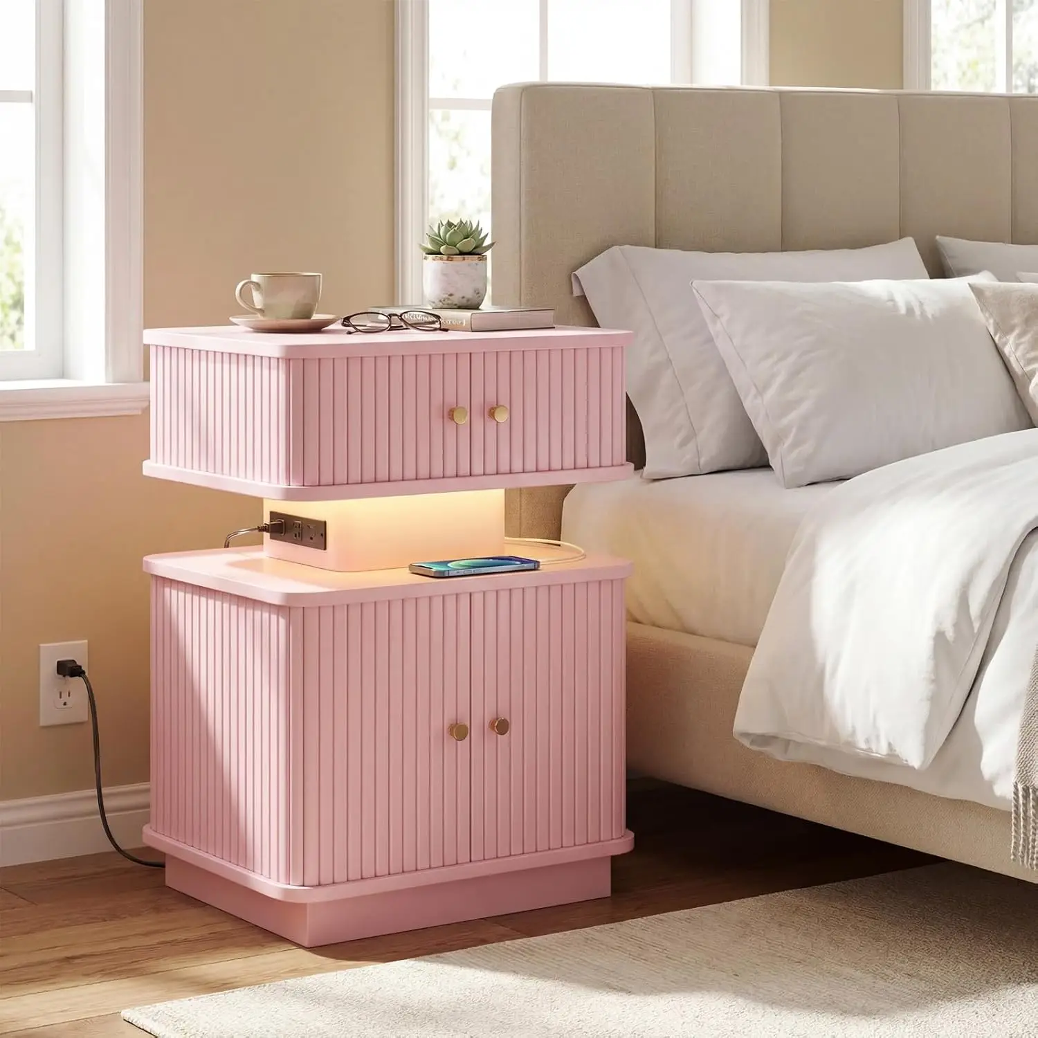 Pink LED End Table USB Charging Station, Small Fluted Nightstand Sliding Doors Bedroom Living Room, Customized