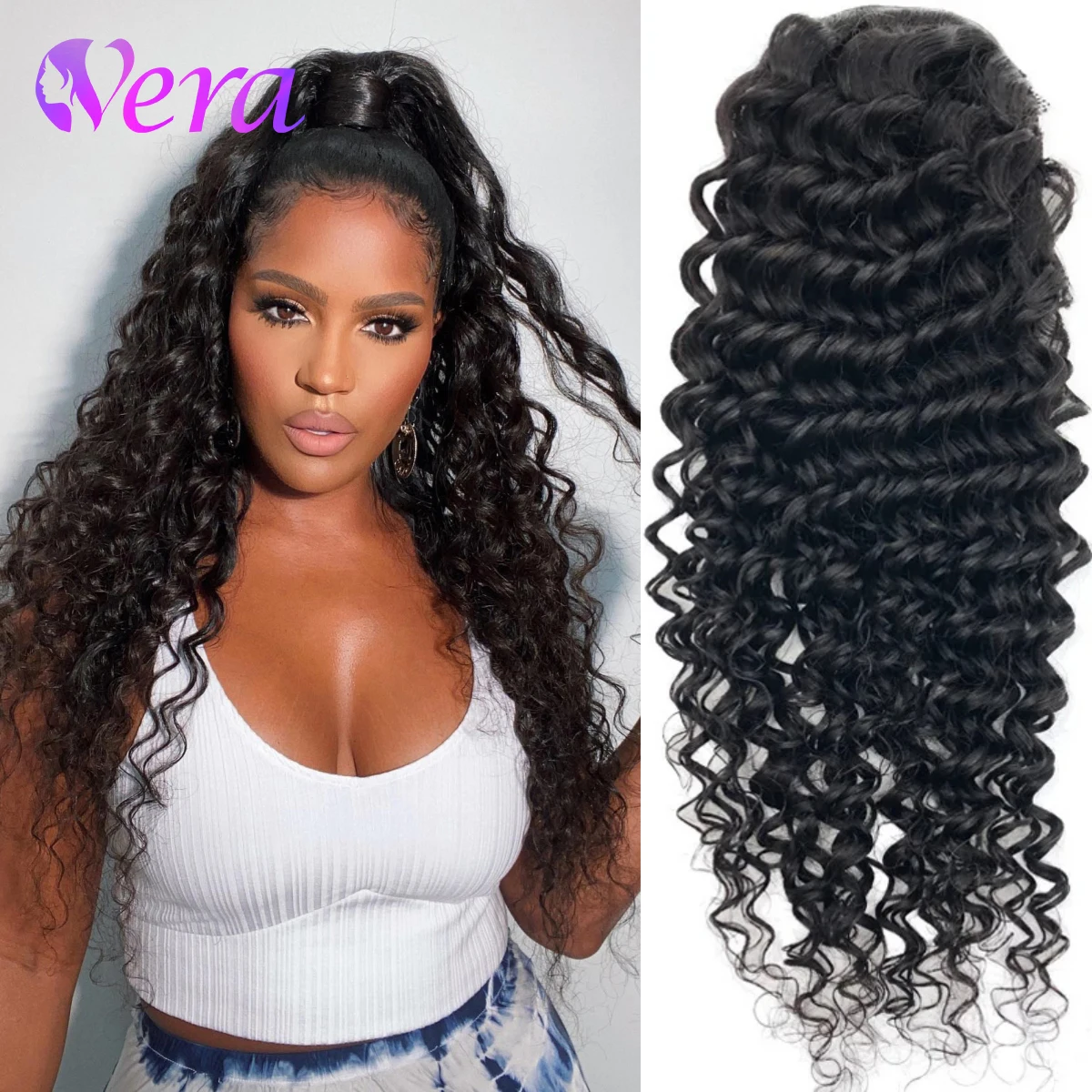 Deep Wave Curly Drawstring Ponytail Real Human Hair Brazilian Hair Ponytail Clip In Extensions Natural Color Hair 100G Per Piece