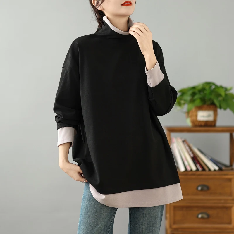 Laid-ba contrasterende kleur Blo hoge kraag sweatshirt grote maten Faionable halflange basis irt trendy top voor dames
