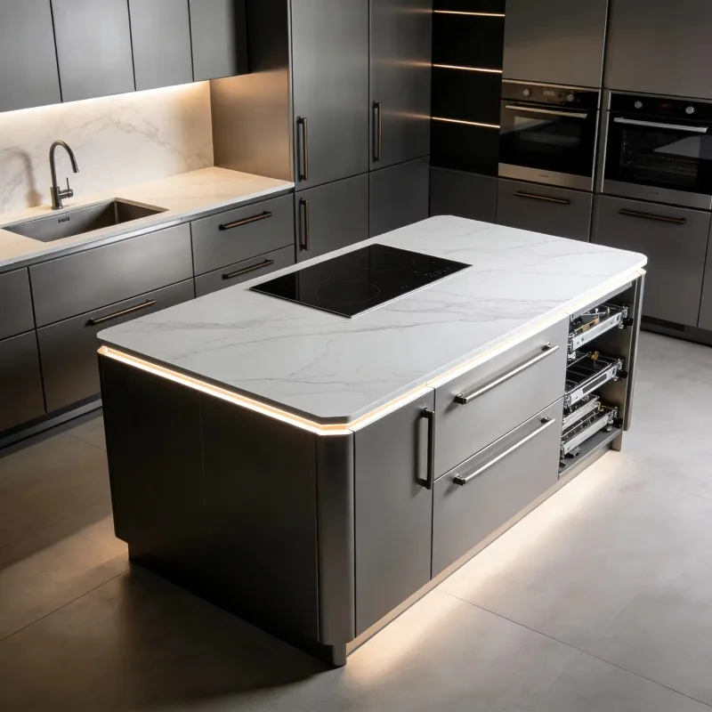 

Modern Minimalist Luxury Matte Grey Kitchen Cabinet Set with Marble Island, Built-In Induction Hob & Ambient LED Lighting