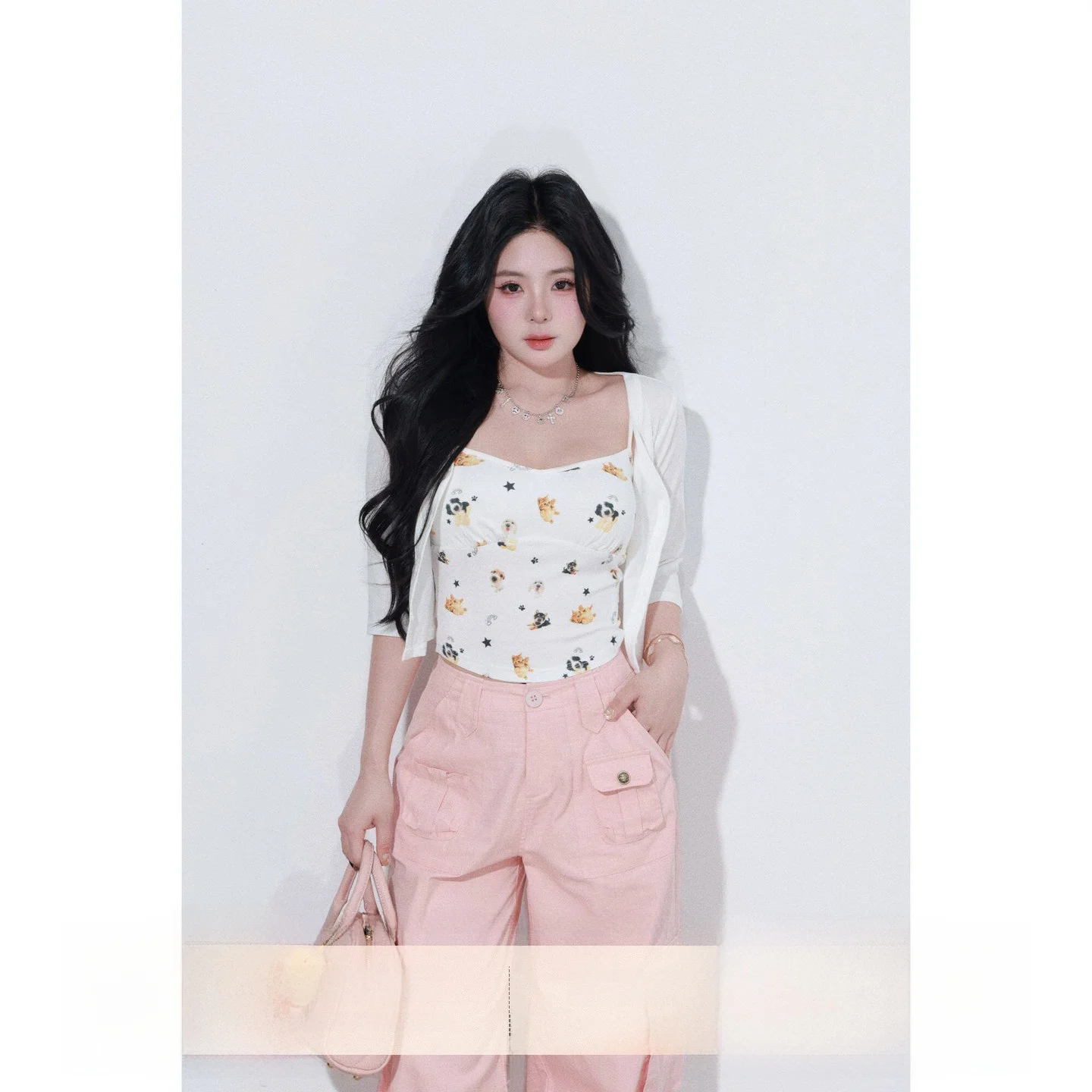 

Cute Little Dog Multi-Pocket Workwear Pants Cardigan Sweater Versatile Summer Fashion Set for Women Three-Piece Suite