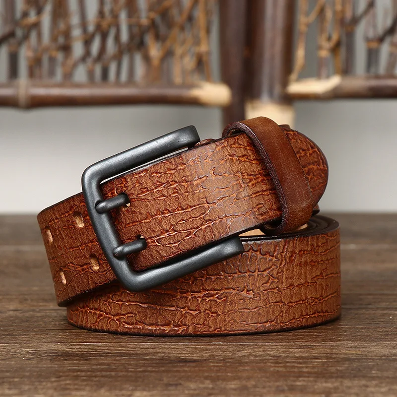 Men's Retro Personality Trend Crack Double Pin Buckle Genuine Leather Belt Denim Casual Belt