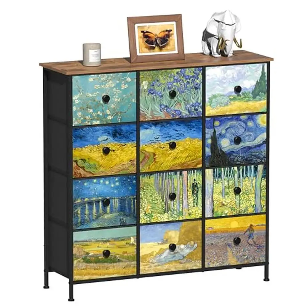 12-Drawer Van Gogh Fabric Dresser Storage Tower Bedroom Living Room Hallway Tall Wooden Chest of Drawers Organizer Tower