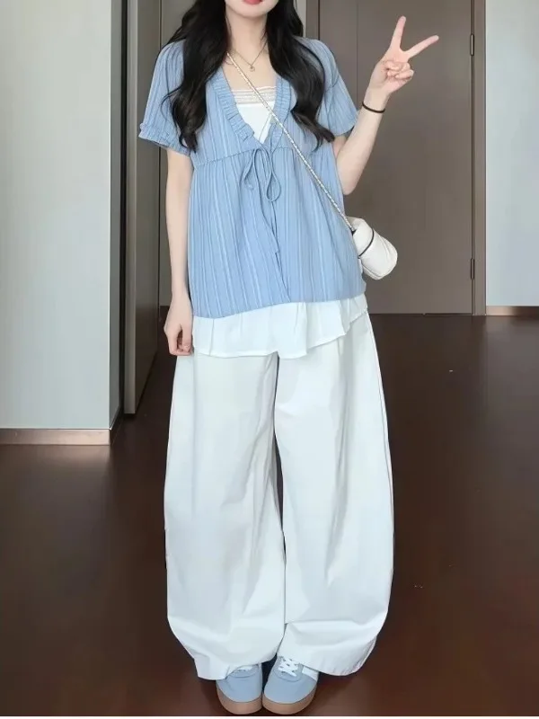 

plus Size Women's Korean Style Chic Patchwork Short Sleeve Shirt Summer 2026 Trendy Top Comfortable Breathable V-Neck Blouse