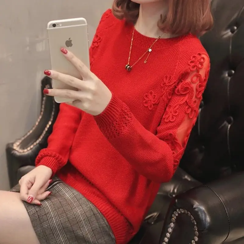 Fashion Solid Color Hollow Out Knitted Sweaters Vintage Gauze Spliced Spring Autumn Long Sleeve Female Clothing O-Neck Jumpers