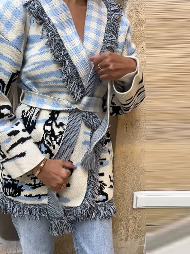Jacquard-Strickjacken mit Gürtel und Quasten für Damen, eleganter Umlegekragen, lange Ärmel, lockere Strickware, schicke Damen-Partykleidung, neu – Detail 12