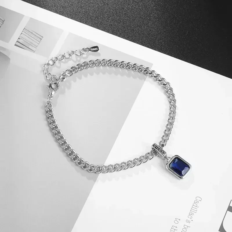 Silver Plated Square Blue Zirconia Bracelet Cuban Type Stainless Steel Bracelet Matching Party Favors Fine Jewelry for Women