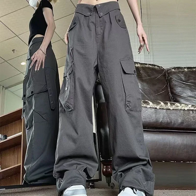 American Style High-waisted Grey Cargo Pants Women's Loose-fit Straight-leg Casual Pant Autumn 2023 New Arrival