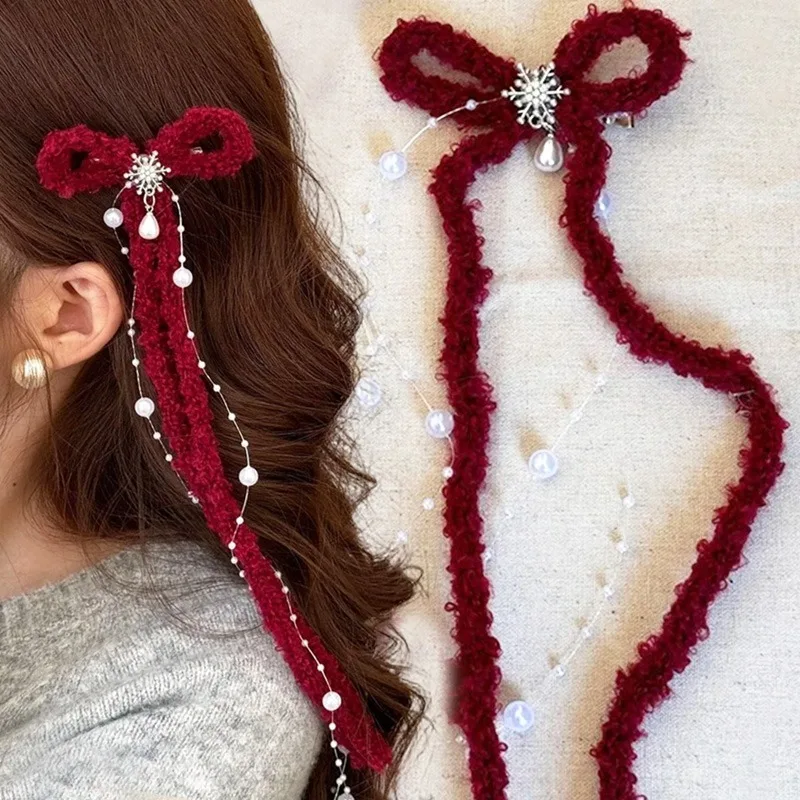 

1/2 шт., плюшевая заколка для волос с бантом и лентой для женщин, осень-зима, винно-красный, двойной хвост, заколки для волос для девочек, длинная заколка для волос в виде утконоса