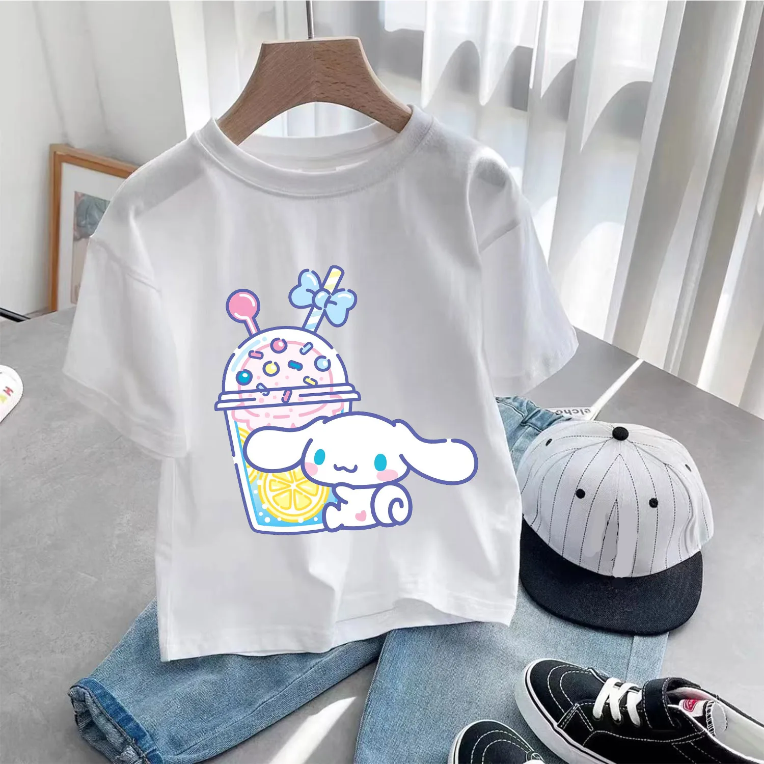 Cinnamoroll T-shirt for Children Cute Sanrio Cartoon Clothes Fashion Anime Print White Clothing Girls Top Kids Summer Tee Gift