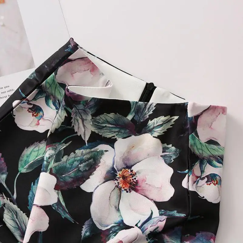 Europa Amerikaanse lente zomer nieuwe zwarte grote bloem slanke wrap heup professionele geventileerde knie kokerrok dames rits taille