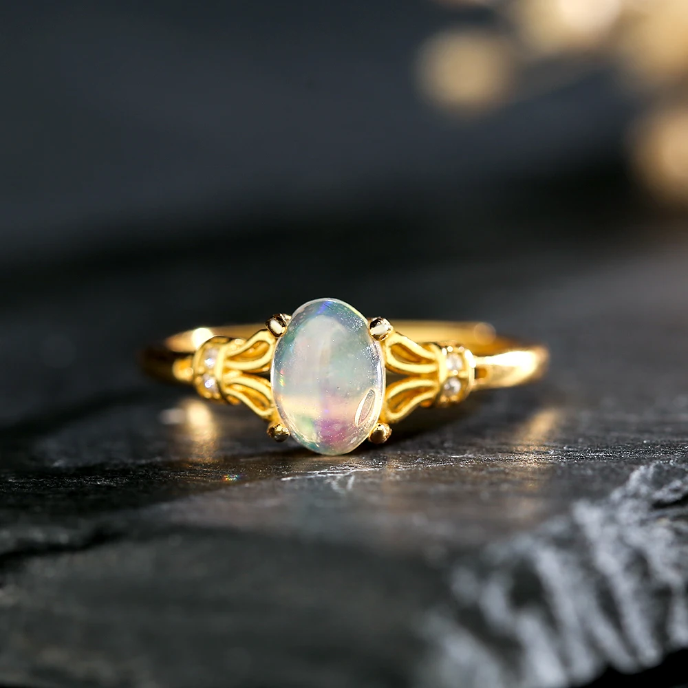 100% Natural Gem Opal Stone Women's Ring 925 Sterling Silver 18k Gold Plated Adjustable Wedding Bands Jewelry Gifts