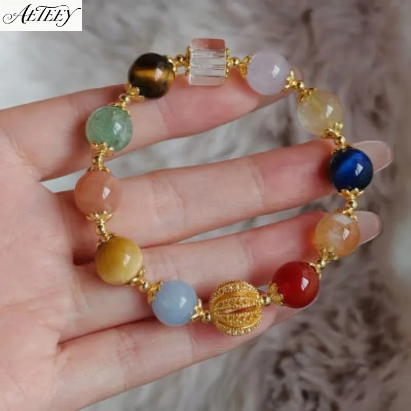 AETEEY Vibrant New Chinese Style Guochao Retro Duobao Beaded Bracelet for Women, Natural Colored Stone Crystal Jewelry Gift