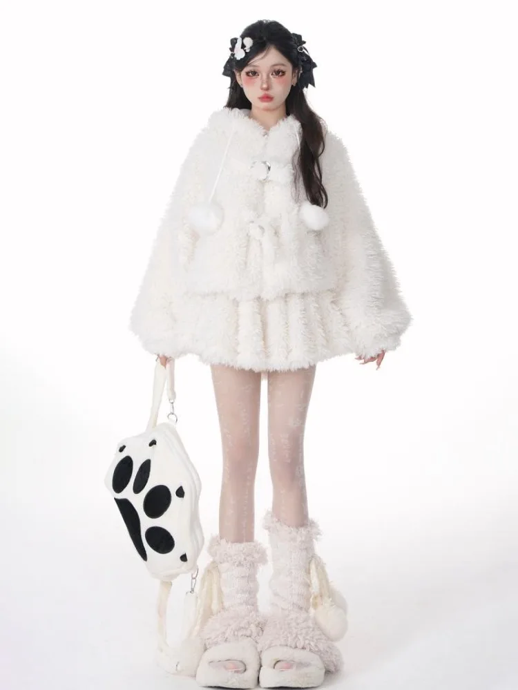 Lazy White Long Sleeve Rabbit Ear Fluffy Hoodie Tops Women+ Y2k High Waist A-line Skirts Autumn Winter New Two Piece Sets