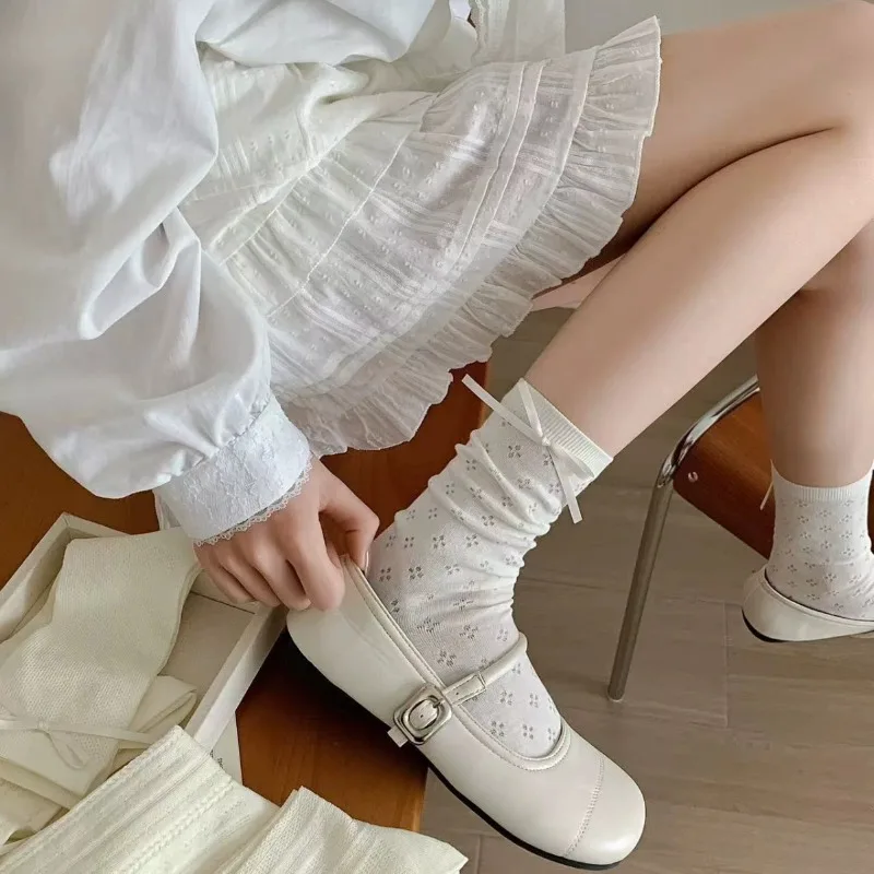Women Mesh Mid Calf Shoe Insoles Spring Summer Ballet Style White Bow Ins Fashion Cute Girls Foot Pads Shoe Inserts 1Pair
