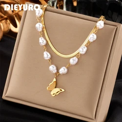 DIEYURO 316L Stainless Steel Pearl Butterfly Pendant Necklace For Women Fashion 2-layer Girls Clavicle Chain Party Jewelry Gift