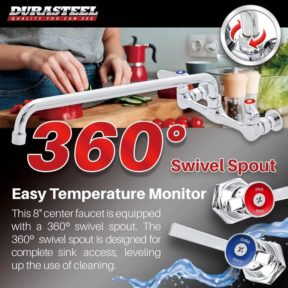 8 robinets de cuisine commerciaux à montage mural avec 16 becs pivotants, poignée à levier, pour éviers utilitaires de restaurants industriels