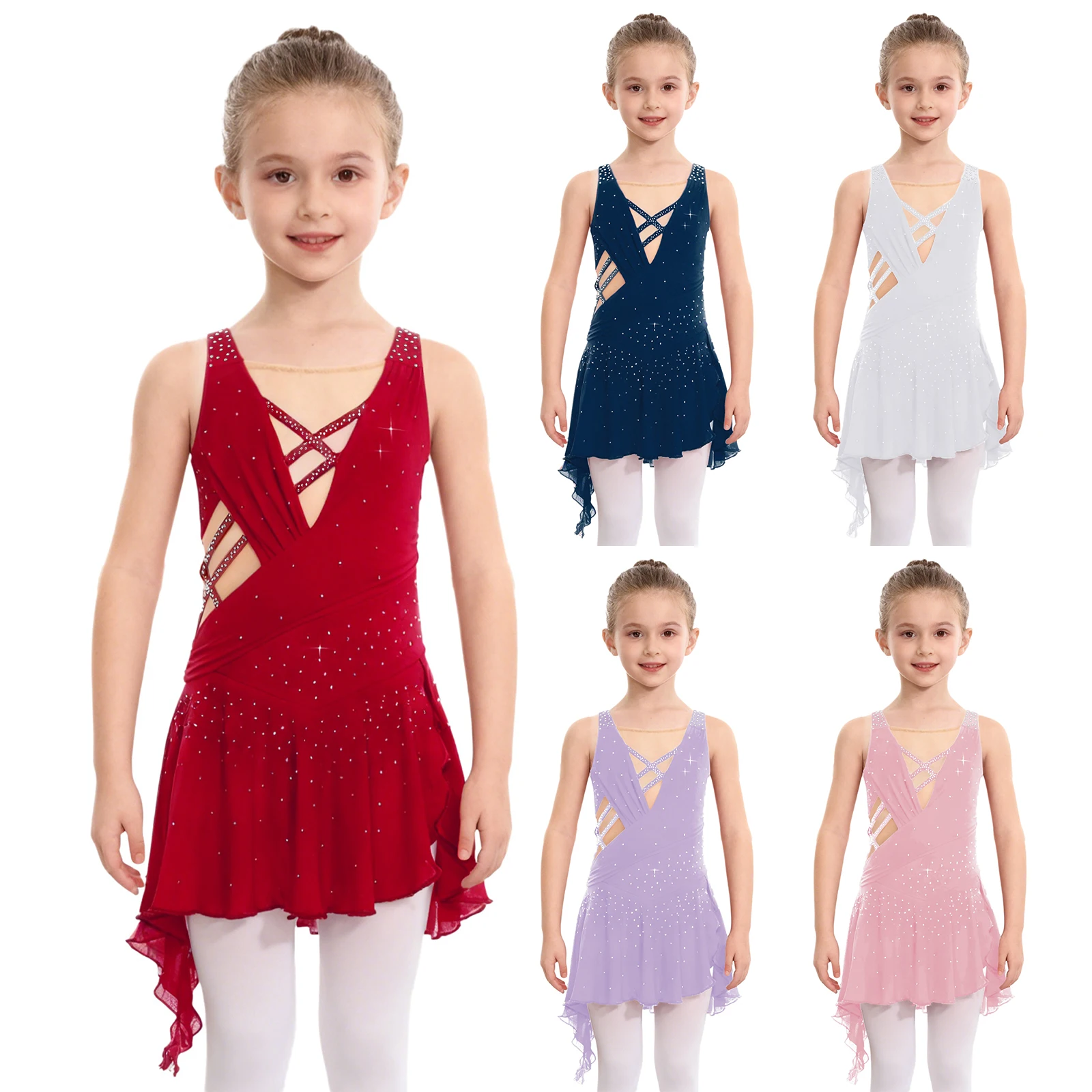 Vestido de baile de salón de Ballet lírico con diamantes de imitación, vestido de malla transparente para niñas, vestido de leotardo de baile de escenario de vals moderno