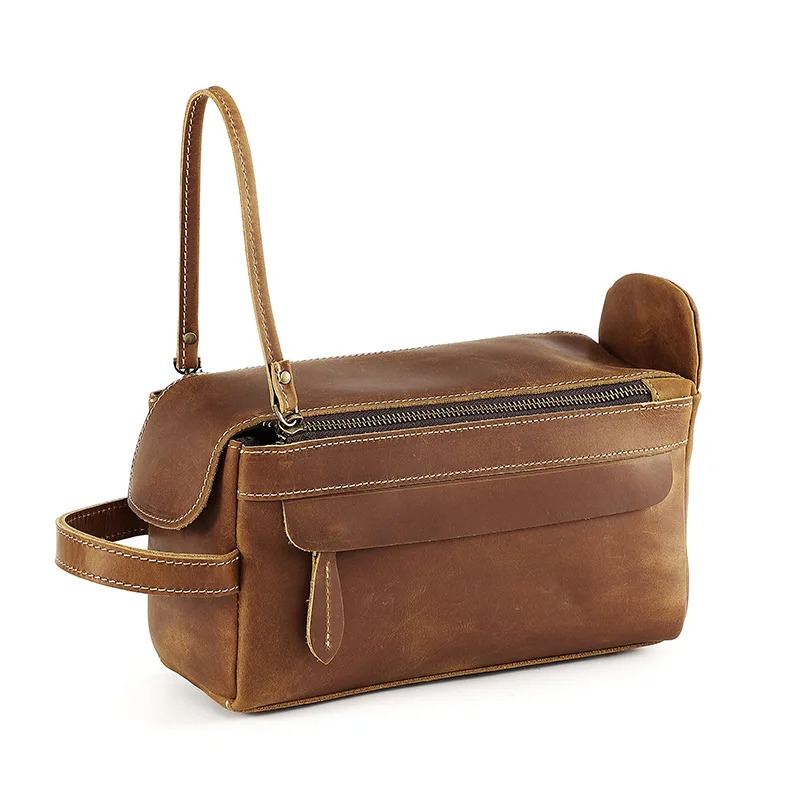 Trousse de toilette en cuir véritable pour homme, sac de rangement de voyage multifonctionnel, couche supérieure en cuir de vachette, pochette pour homme, sac à main de grande capacité