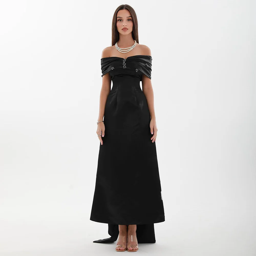 Cheap Prom Dress Customized Off Shoulder Boat Neck Beading Ankle Length A Line Saudi Arabic Evening Dresses Formal Occasion Gown