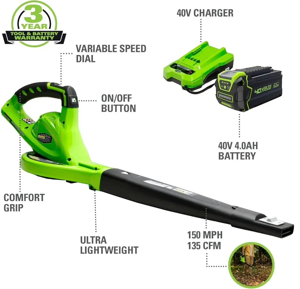 40V (150 MPH / 130 CFM) Cordless Leaf Blower, 4.0Ah Battery and Charger Included，Applicable Lawn Care