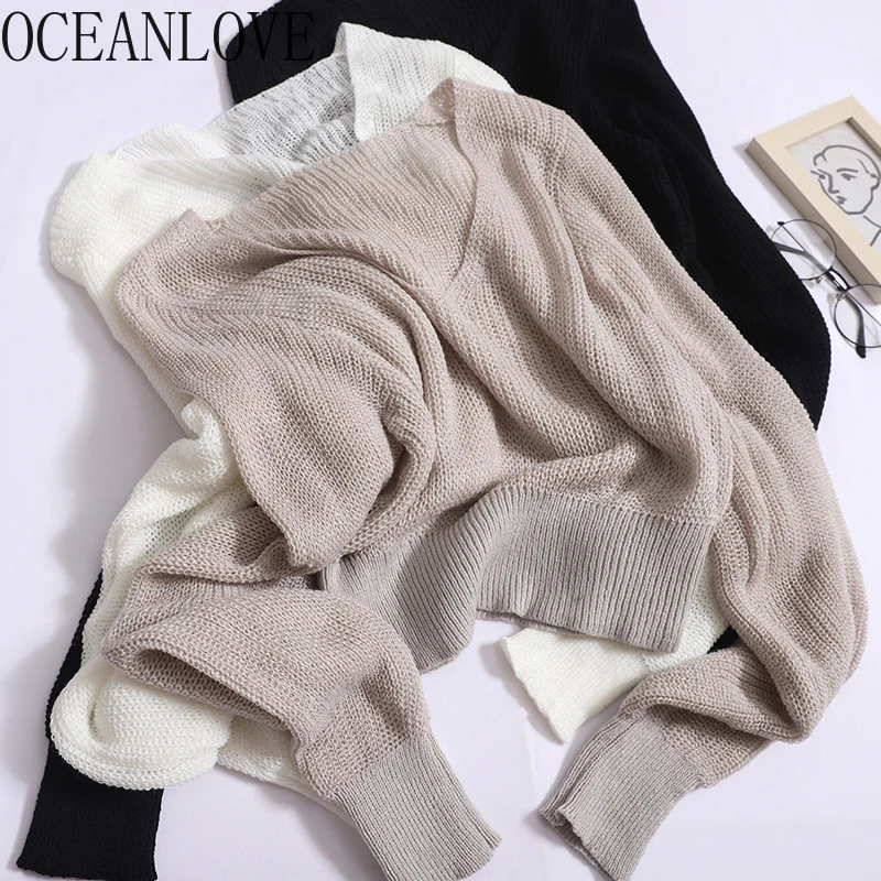 OCEANLOVE Thin Women Sweaters Solid Spring Autumn Sexy Transparent Short Pullovers Korean Fashion V Neck Casual Pull Femme