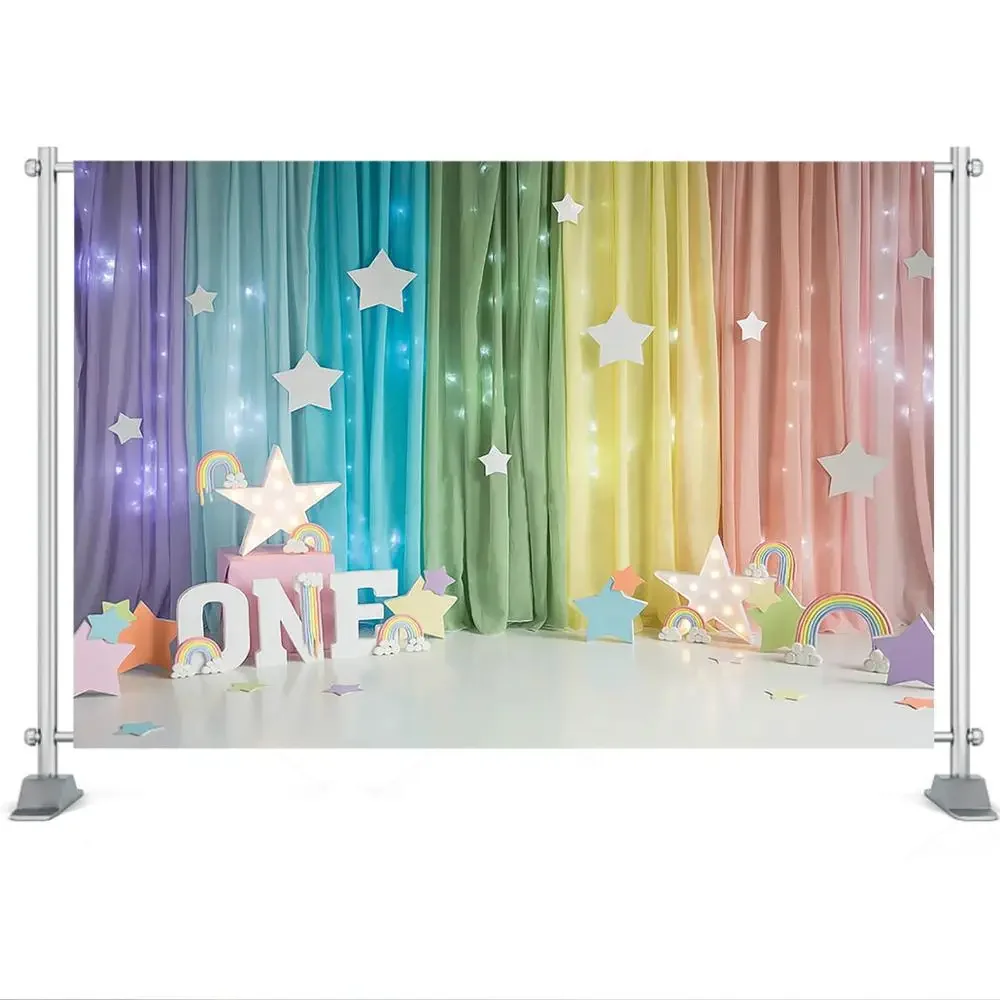 Fondo de fotografía de 1er cumpleaños con cortina de arcoíris, decoración de estrellas para bebé recién nacido, niño y niña, fondo de fotografía para niños
