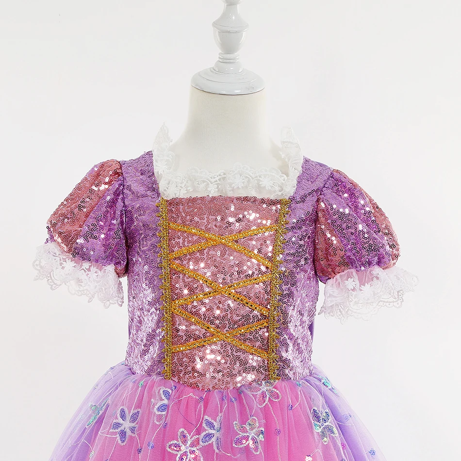 Princess Rapunzel Cosplay Dress Gril Luxury Lace Sequin Purple Frocks Carnival Princess Outfits Kids Halloween Clothes