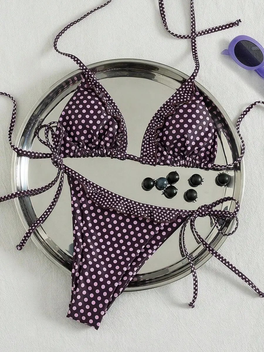 

Womens Polka Dot Ruffle Trim Halter Backless Tie Bikini Set For Beach Party Festival