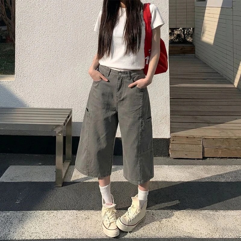 ZHISILAO New Vintage Cargo Jeans Women Pocket Calf-length Denim Pants Streetwear Summer 2026 Streetwear